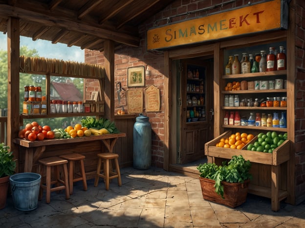 Auf dem Bild ist ein kleiner, einladender Markt zu sehen, der den Namen "Simsseeemarkt" trägt, mit dem Motto „Regionalität genießen“. Der Markt ist von Holz und Ziegeln umgeben und bietet eine Vielzahl an frischen Lebensmitteln. Es gibt Obst und Gemüse auf einem Tisch, darunter Orangen, Äpfel und grüne Varianten. Neben dem Tisch stehen Bänke, und es sind auch Regale mit eingemachten Produkten und Getränken sichtbar. Die gesamte Atmosphäre vermittelt ein Gefühl von Frische und Regionalität.