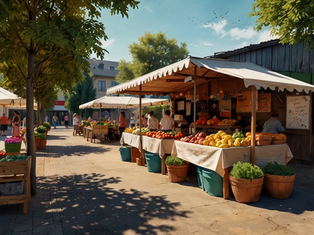 Auf dem Bild ist ein Bauernmarkt zu sehen, der zur Irisblüte in Grabenstätt stattfindet. Es gibt verschiedene Stände mit frischem Obst und Gemüse, umgeben von Bäumen, die Schatten spenden. Die Stimmung sieht einladend und lebhaft aus, mit mehreren Besuchern, die den Markt erkunden. Die Stände sind bunt dekoriert und präsentieren eine Vielzahl von Produkten, was typisch für einen regionalen Markt ist.
