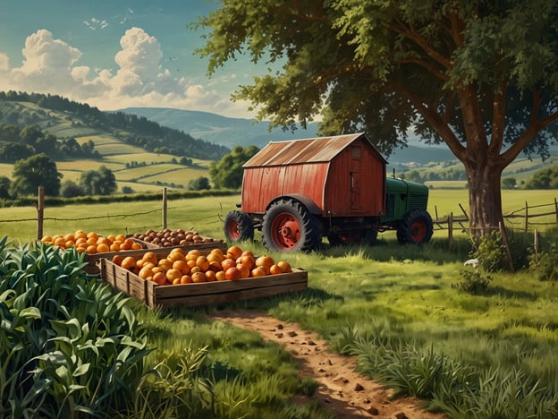 Auf dem Bild ist eine idyllische ländliche Szene zu sehen, die einen Traktor neben einem kleinen roten Gebäude zeigt. Im Vordergrund sind Kisten mit Orangen und Kartoffeln aufgestellt, die darauf hindeuten, dass der Hof Früchte und Gemüse anbaut. Die Landschaft ist von sanften Hügeln und Bäumen umgeben, was eine entspannte, naturnahe Atmosphäre vermittelt. Es könnte sich um eine Stelle auf dem ökologisch versorgten Hof Falkenhusen handeln, wo nachhaltige Landwirtschaft betrieben wird.
