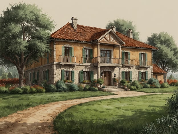 Auf dem Bild ist ein charmantes, traditionelles Haus zu sehen, das Elemente von Nachhaltigkeit in seiner Architektur vereint. Die Fassade kombiniert Steine und Holz mit einem roten Ziegeldach und grünen Fensterläden, was eine harmonische Verbindung zur umliegenden Natur schafft. Der gepflegte Garten mit Bäumen und Sträuchern unterstreicht das ländliche Flair. Der Weg zum Eingang ist einladend und rundet das Gesamtbild eines nachhaltigen Lebensstils, wie er bei Gut Rothenhausen praktiziert wird, ab.
