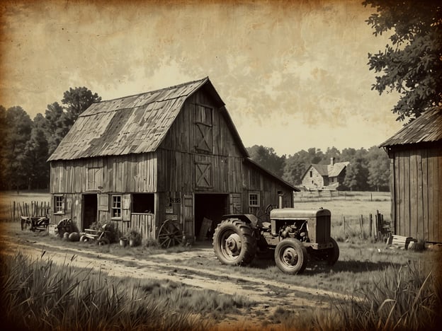 Auf dem Bild ist eine alte Scheune zu sehen, die aus rustikalem Holz gebaut ist. Ein Traktor steht vor der Scheune und der Hintergrund zeigt eine weitläufige ländliche Landschaft mit weiteren Gebäuden und Bäumen. Die sepiafarbene Bearbeitung verleiht dem Bild einen nostalgischen Charakter.Wenn du Interesse an Hofläden hast, könnte eine Entdeckungsreise zu weiteren Hofläden spannend sein! Dort kann man frische Produkte, regionale Spezialitäten und oft auch handwerklich gefertigte Waren entdecken. Schöne Hofläden bieten oft mehr als nur Einkaufen – sie ermöglichen auch Einblicke in das Landleben und die Landwirtschaft.
