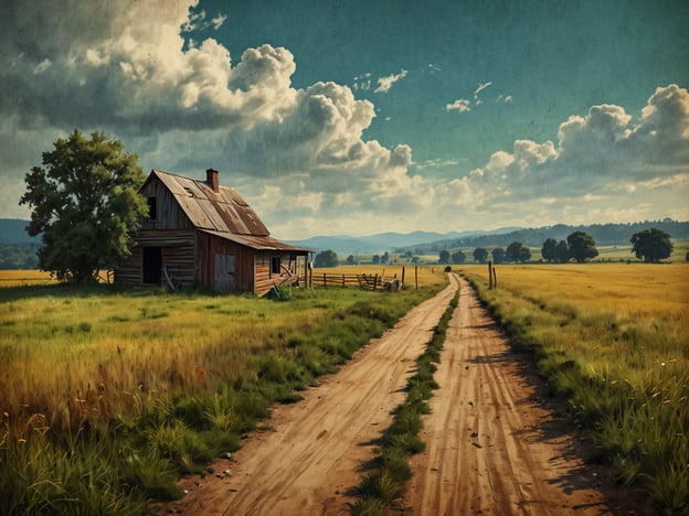 Auf dem Bild ist eine ländliche Umgebung zu sehen, die eine alte, rustikale Scheune und einen unbefestigten Weg zeigt, der durch die Weizenfelder führt. Die Landschaft ist von sanften Hügeln und einer schönen Wolkenformation geprägt. Ein Ausflug wert: Die ländliche Umgebung erleben.