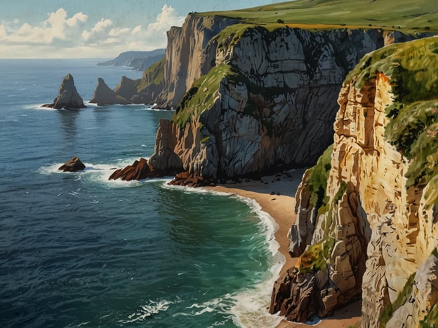 Auf dem Bild ist eine beeindruckende Küstenlandschaft zu sehen, die an die Brodtener Steilküste erinnert. Die hohen Kliffs ragen majestätisch über das blaue Wasser, und einige Felsen sind im Meer verteilt. Die grüne Vegetation auf den Klippen sorgt für einen schönen Kontrast zu den felsenreichen Uferbereichen und dem klaren Himmel. Diese Naturszene vermittelt eine ruhige und atemberaubende Atmosphäre.