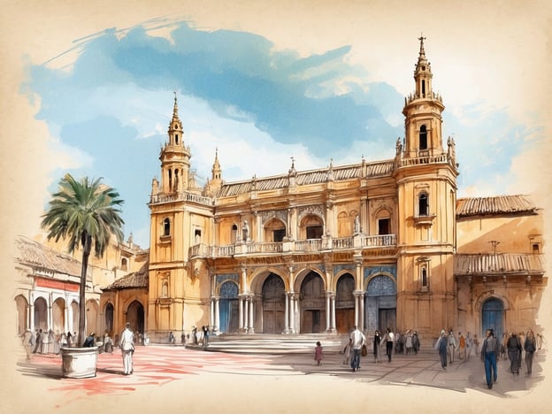 Auf dem Bild ist ein kunstvoll gestaltetes Gebäude zu sehen, das typisch für die Architektur in Sevilla ist. Die hellen Farbtöne und die eindrucksvollen Türme vermitteln eine warme, einladende Atmosphäre. In der Umgebung sind Menschen zu sehen, die die Szenerie genießen, was das lebhafte Treiben der Stadt widerspiegelt.Die kulinarische Welt von Sevilla ist reich an traditioneller andalusischer Küche. Hier kann man Gerichte wie Tapas, Gazpacho und Flamenquín probieren, oft begleitet von einem erfrischenden Sangría oder einem lokalen Wein. Die Kombination aus kultureller Fertigung und kulinarischem Genuss macht Sevilla zu einem besonderen Ort für Feinschmecker.