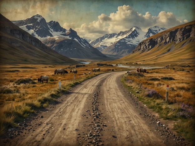 Auf dem Bild ist eine malerische Landschaft mit einer unbefestigten Straße zu sehen, die sich durch weite grünen Wiesen schlängelt. Im Hintergrund erheben sich majestätische Berge, die teilweise mit Schnee bedeckt sind. In der Wiese grasen einige Kühe. Diese Szenerie könnte eine der herrlichen Etappen des historischen Jakobsweges des Nordens darstellen, der durch atemberaubende und unberührte Naturlandschaften führt, ideal für Pilger und Wanderer, die die Ruhe und Schönheit der Natur genießen möchten.