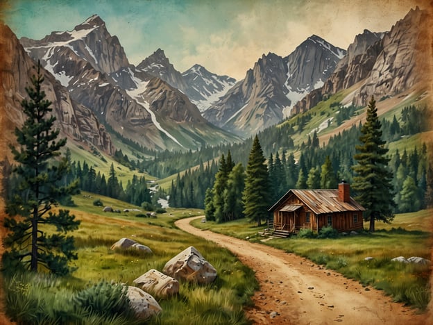Auf dem Bild ist eine malerische Landschaft zu sehen, die ideal für gemütliche Wanderungen ist. Die Szenerie zeigt einen ländlichen Pfad, der sich durch ein grünes Tal schlängelt, umgeben von majestätischen Bergen, die mit Schnee bedeckt sind. In der Mitte steht eine rustikale Holzhütte, die perfekt in die Natur integriert ist. Diese Umgebung lädt dazu ein, die frische Luft zu genießen und die Schönheit der Natur zu entdecken, während man auf sanften Wegen wandert.