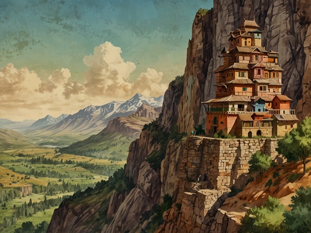 Auf dem Bild ist ein imposantes, mehrstöckiges Gebäude zu sehen, das an einer steilen Klippe errichtet ist. Umgeben von einer malerischen Landschaft mit Bergen im Hintergrund und einem üppigen Tal, bietet die Architektur eine faszinierende Mischung aus verschiedenen Farben und Stilen. Diese Kulisse eignet sich hervorragend für Abenteuer und Erkundungen.Das ideale Ziel für dein Solo-Abenteuer!