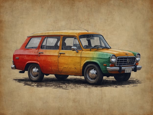 Auf dem Bild ist ein bunt bemalter Oldtimer zu sehen, der ansprechend in den Farben Rot, Gelb und Grün gestaltet ist. Dieses Fahrzeug könnte an spannende Entdeckungsreisen erinnern und lädt dazu ein, neue Abenteuer und Begegnungen zuzulassen. Es strahlt einen nostalgischen Charme aus und schafft eine Atmosphäre des Reisens und der Freiheit.