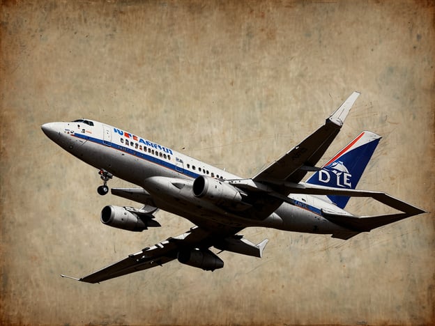Auf dem Bild ist ein Flugzeug zu sehen, das in der Luft fliegt. Es hat eine charakteristische Ausstattung für Verkehrsflugzeuge. Der Hintergrund erscheint in einem sepiafarbenen Ton, was dem Bild einen nostalgischen Effekt verleiht.