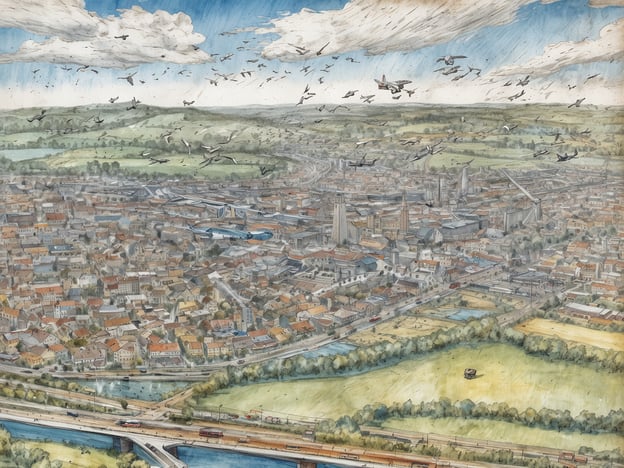 Das Bild zeigt eine weitläufige Stadtansicht unter einem klaren Himmel mit einigen Wolken. In der Luft sind zahlreiche Flugzeuge zu sehen, die über die Stadt fliegen. Die Stadt ist geprägt von einer Vielzahl an Gebäuden, Straßen und Brücken. Grünflächen und ein Fluss sind ebenfalls zu erkennen, während in der Nähe des Wassers einige Fahrzeuge unterwegs sind. Die Szene vermittelt ein Gefühl von Geschäftigkeit und verweist auf ein mögliches Flugchaos in Deutschland, da viele Flüge gestrichen wurden.