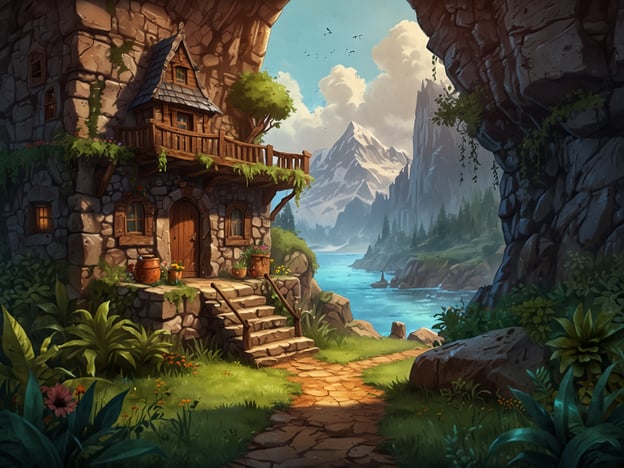 Auf dem Bild ist eine malerische Landschaft zu sehen, die aussieht wie aus einem Abenteuer-Spiel. Im Vordergrund steht ein charmantes Steinhaus mit einem Balkon, umgeben von üppigem Grün und bunten Blumen. Eine gepflasterte Straße führt zu der Tür des Hauses. Im Hintergrund sieht man majestätische Berge und einen ruhigen Fluss oder See, der die Szene mit einem Hauch von Magie und Erkundung verbindet. Diese Umgebung könnte ideal für Abenteuer in einem Fantasiespiel sein, in dem Spieler Geheimnisse entdecken und aufregende Quests erfüllen können.
