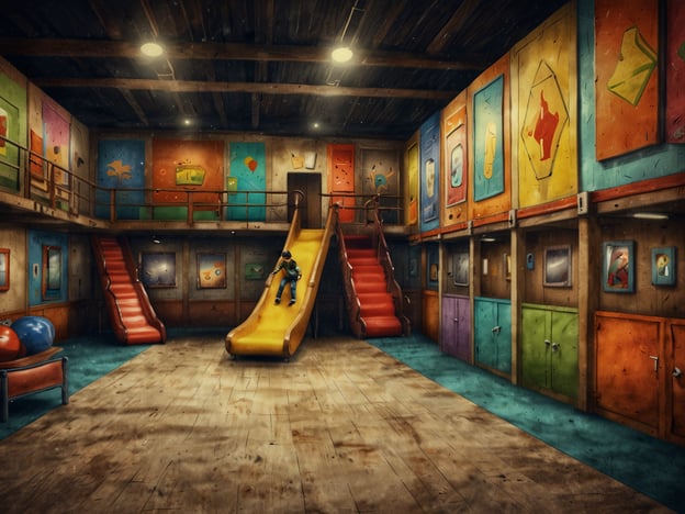 Auf dem Bild ist ein farbenfroher Indoor-Spielplatz zu sehen, der mit Rutschen, malerischen Wänden und verschiedenen Spielbereichen ausgestattet ist. Die Einrichtung erinnert an die bunten und kreativen Umgebungen, wie man sie auch in den Top-Indoorspielplätzen in Hamburg findet, beispielsweise im „Heimfeld“ oder im „Käpt'n Blaubär Abenteuerland“. Solche Orte bieten Kindern die Möglichkeit, sich auszutoben, Spaß zu haben und neue Freunde zu finden, während Eltern die entspannte Atmosphäre genießen können.