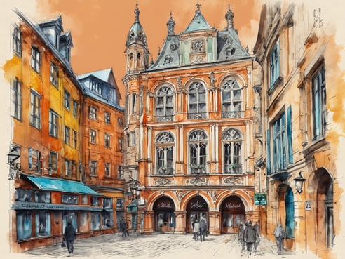 Eine malerische Straßenszene zeigt ein historisches Gebäude mit einer kunstvoll gestalteten Fassade, die in warmen Orangetönen gehalten ist. Das Gebäude hat dekorative Elemente, große Fenster und einen markanten Turm mit einem spitzen Dach. Um das Gebäude herum sind verschiedene weitere Häuser in sanften Farben zu sehen. Die Straße ist lebhaft, mit Fußgängern, die in verschiedene Richtungen gehen. Über den Gehwegen sind Laternen angebracht, die zur charmanten Atmosphäre der Szenerie beitragen. Stilistisch erinnert das Bild an eine Aquarellzeichnung und vermittelt eine einladende Stimmung.