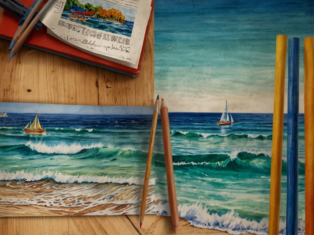 Auf dem Bild ist eine künstlerische Darstellung der Küstenlandschaft zu sehen, die die Faszination der Grömitzer Welle einfängt. Es zeigt sanfte Wellen, die an einen Strand schlagen, und kleine Segelboote, die auf dem Wasser treiben. Um das Hauptbild herum liegen Buntstifte und Skizzen, die den kreativen Prozess des Malens und Entdeckens der Küstenästhetik verdeutlichen. Die Farben des Himmels und des Wassers vermitteln eine ruhige und einladende Atmosphäre, die zum Träumen und Entspannen einlädt.