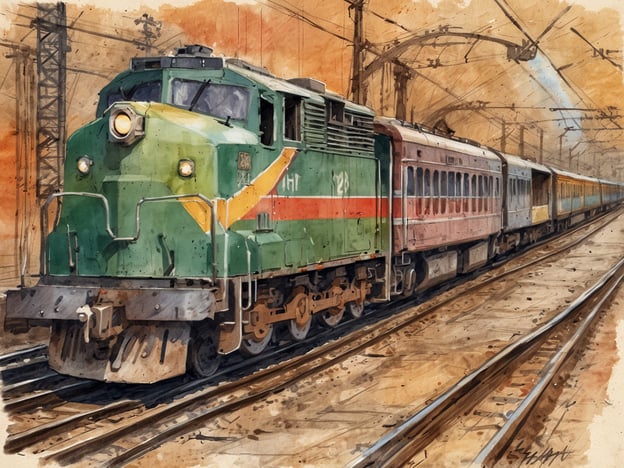 Ein klassischer grüner Zug steht auf den Gleisen in einer verlassenen Bahnhofslandschaft. Die Lokomotive hat eine markante gelbe und rote Streifenfarbe. Hinter der Lokomotive sind mehrere Waggons zu sehen, die in verschiedenen Farben gestaltet sind. Die Atmosphäre ist nostalgisch, mit einem sanften, warmen Licht, das über die Szene fällt. Die Gleise führen in eine unscharfe, entfernte Perspektive und die Umgebung ist minimalistisch gehalten.