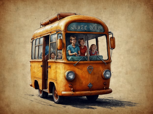 Auf dem Bild sieht man einen bunten, alten Bus, der mit fröhlichen Kindern gefüllt ist. Sie sitzen am Fenster und lachen, während sie die Aussicht genießen. Der sonnige orangene Bus strahlt Abenteuerlust aus und lädt dazu ein, spannende Reisen zu erleben! Es scheint, als ob sie auf dem Weg zu einem fantastischen Ausflug sind, wo Spaß und Freude großgeschrieben werden! Ein echter Traum für Groß und Klein! ????????