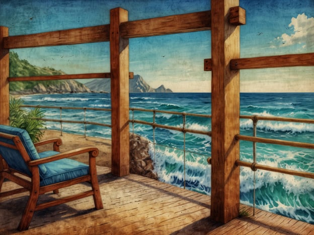 Auf dem Bild ist eine idyllische maritime Atmosphäre zu sehen, die zur Wellness und Erholung einlädt. Ein komfortabler Stuhl steht auf einem Holzdeck, von dem aus man den Blick auf die sanften Wellen des Meeres genießen kann. Die ruhige Umgebung, kombiniert mit dem sanften Rauschen des Wassers und der frischen Meeresluft, schafft einen idealen Ort für Entspannung und innere Ruhe. Die malerische Aussicht auf die Küste und das klare blaue Wasser verstärken das Gefühl von Frieden und Erholung in dieser traumhaften Landschaft.
