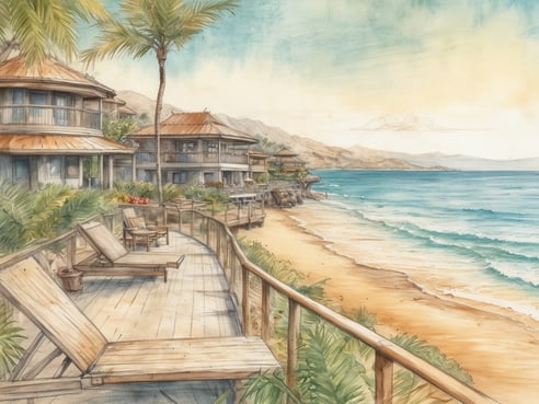 Ein malerischer Küstenblick zeigt eine gepflegte Holzterrasse mit Liegestühlen, die zu einem sanften Strand führt. Im Hintergrund sind mit Palmen umrahmte Gebäude mit dem typischen Stil einer tropischen Resort-Anlage zu erkennen. Der Ozean erstreckt sich bis zum Horizont, unter einem klaren blauen Himmel mit zarten Wolken, während sanfte Wellen an den goldenen Sandstrand plätschern. Die gesamte Szenerie strahlt Ruhe und Entspannung aus, ideal für eine traumhafte Auszeit am Meer.