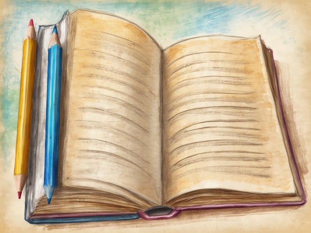 Ein aufgeschlagenes Buch liegt auf einem hellen Hintergrund. Neben dem Buch befinden sich zwei Buntstifte, einer in Gelb und einer in Blau. Die Seiten des Buches sind leer und leicht vergilbt, während ein sanfter Farbverlauf im Hintergrund zu sehen ist. Das Bild vermittelt eine kreative und inspirierende Atmosphäre, ideal für Themen wie Urlaub und Planung für den Sommer 2025.