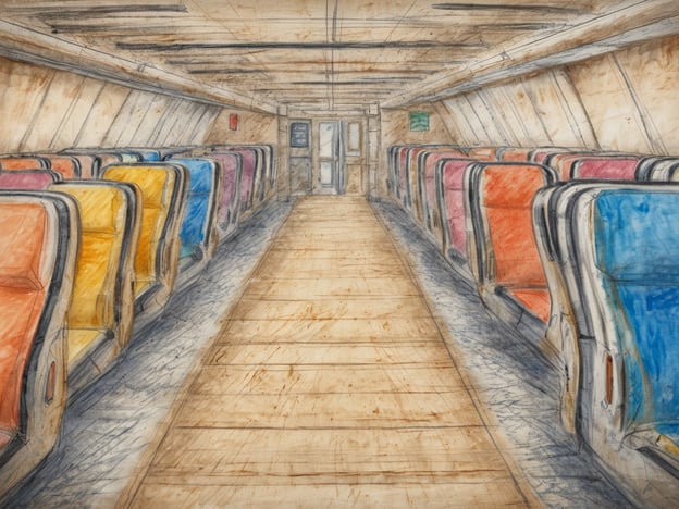 Ein gezeichneter Innenbereich eines Flugzeugs mit einer langen Gangfläche und bunten Sitzen. Die Sitze sind in verschiedenen Farben wie Rot, Blau, Gelb, Orange und Lila gestaltet und auf beiden Seiten des Gangs angeordnet. Der Boden ist aus Holz und es gibt eine Tür am Ende des Gangs. Die Wände sind einfach gehalten und die Beleuchtung wirkt warm und einladend.