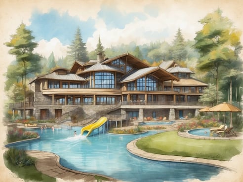 Das Bild zeigt eine malerische Ansicht eines luxuriösen Ferienhauses im Center Parcs Erperheide, umgeben von üppiger Natur. Im Vordergrund befindet sich ein traumhafter Swimmingpool mit einem gelben Wasserrutschen. Einige Gäste genießen das Wasser, während andere am Poolrand entspannen. Die Architektur des Hauses kombiniert große Fenster und Holzdetails, unterstreicht die harmonische Verbindung zur Umgebung. Im Hintergrund sind grüne Bäume und ein klarer Himmel zu sehen, die zur entspannten Atmosphäre des Ortes beitragen.