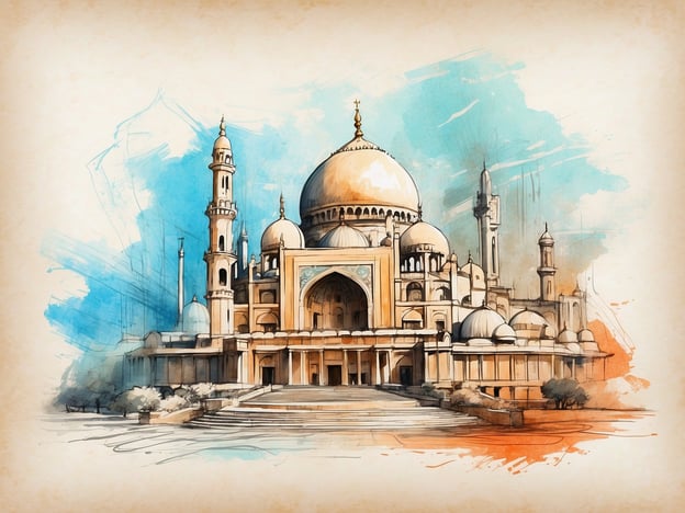 Auf dem Bild ist eine künstlerische Darstellung eines beeindruckenden Mausoleums zu sehen, das stark an das Taj Mahal in Indien erinnert.Das Taj Mahal gilt als eines der größten kulturellen Highlights der indischen Architektur und wurde im 17. Jahrhundert von Kaiser Shah Jahan erbaut, um seine geliebte Frau Mumtaz Mahal zu ehren. Es wird oft als Symbol für ewige Liebe bezeichnet und ist UNESCO-Weltkulturerbe. Die prachtvolle weißmarmorne Struktur, umgeben von malerischen Gärten und Wasserbecken, zieht jährlich Millionen von Besuchern aus der ganzen Welt an.Die detailreiche Darstellung mit sanften Farben und den charakteristischen kuppel- und säulenartigen Elementen spiegelt die Schönheit und den künstlerischen Reichtum der Mogularchitektur wider.