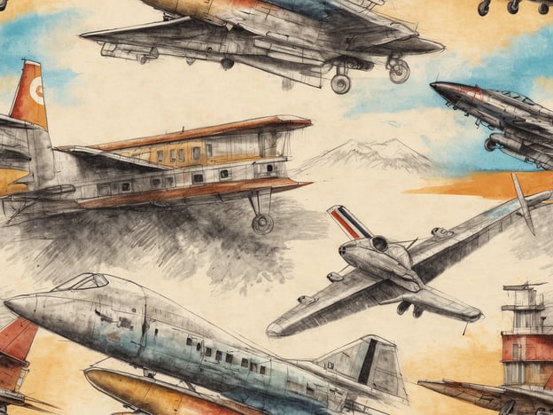 Eine künstlerische Darstellung von verschiedenen Flugzeugen ist zu sehen. In der oberen Hälfte des Bildes fliegen verschiedene Jets und Flugzeuge in unterschiedliche Richtungen. Auf der linken Seite ist ein Flugzeug mit einer runden Heckflosse und in der Mitte ein mehrmotoriges Flugzeug abgebildet. Auf der rechten Seite sind moderne Militärflugzeuge zu sehen, während im Hintergrund Berge und eine bunte, wolkige Himmelsszene angedeutet sind. Der gesamte Hintergrund ist in sanften Pastellfarben gestaltet, was das Bild lebhaft und dynamisch erscheinen lässt.