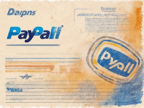 Ein Bild mit dem Logo von PayPal in blauen und gelben Farben auf einem hellen, vintage-artigen Hintergrund. Über dem Logo steht der Text "DaiPns". Im unteren Bereich sind auch mehrere Linien und schwache Skizzen zu sehen, die an ein Dokument oder eine Rechnung erinnern. Das gesamte Design vermittelt einen kreativen, künstlerischen Stil. PayPal & eDreams: Jetzt Reisevorteile ohne Aufpreis.