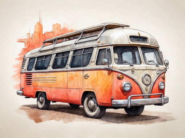 Auf dem Bild ist ein klassischer Volkswagen-Bus zu sehen, der mit leuchtenden Farben gestaltet ist, insbesondere in Orange und Beige. Dieser Transporter, oft als „Bulli“ bekannt, ist ein beliebtes Symbol für Freiheit und Abenteuer.Die Darstellung könnte dazu inspirieren, verschiedene Viertel zu erkunden, insbesondere solche, die für ihren alternativen Lebensstil, Vintage-Kultur oder Camper-Communitys bekannt sind. Man könnte sich vorstellen, mit diesem Bus durch malerische Straßen zu fahren, neue Cafés oder Märkte in lebhaften Stadtvierteln zu entdecken oder an besonderen Veranstaltungen und Festivals teilzunehmen.