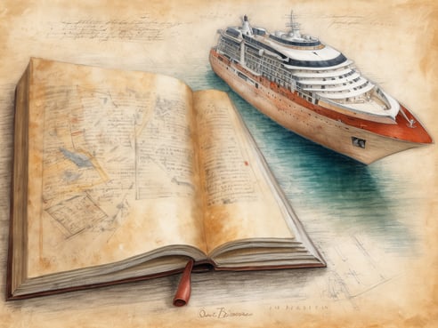 Auf dem Bild ist ein großes, offenes Buch zu sehen, dessen Seiten mit handschriftlichen Notizen und Skizzen gefüllt sind. Neben dem Buch schwimmt ein stilvolles Kreuzfahrtschiff, das elegant im Wasser verankert ist. Der Hintergrund zeigt eine sanfte Wasseroberfläche, die das Bild harmonisch abrundet, während die Seiten des Buches leicht vergilbt wirken und eine literarische Atmosphäre schaffen. Die Komposition vereint Elemente von Luxusreisen und Literatur in einem künstlerischen Stillleben.