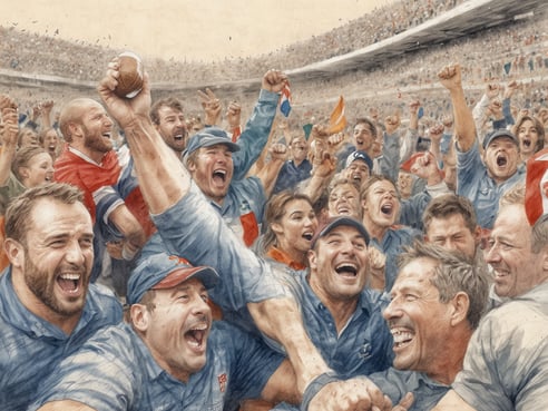 Rugby-Fans feiern in einem Stadion voller Begeisterung. Die Menschen umarmen sich, lachen und jubeln, während einige den Rugbyball in der Hand halten. Die Fans tragen sportliche Kleidung in verschiedenen Farben und zeigen Flaggen. Die Stimmung ist ausgelassen und voller Freude, ein klarer Ausdruck von Teamgeist und gemeinsamer Leidenschaft für Rugby.