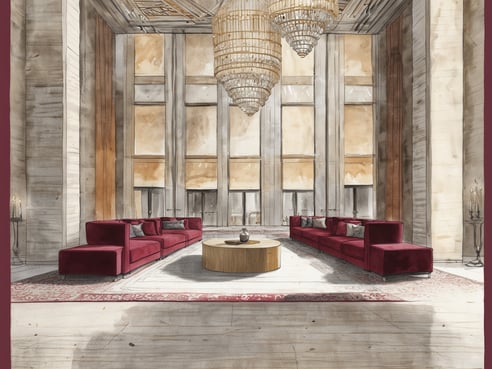 Die Eröffnung von Andaz Doha zeigt ein luxuriöses Wohnzimmer, das katarische Kultur mit modernem Design vereint. Im Mittelpunkt steht ein runder Holztisch, umgeben von einer stilvollen Couch in tiefem Rot. Große, elegante Kronleuchter hängen von der Decke und schaffen eine warme, einladende Atmosphäre. Die Wände sind in sanften Erdtönen gehalten, und große Fenster sorgen für viel Tageslicht. Ein Teppich und dekorative Kissen ergänzen das harmonische Gesamtbild.