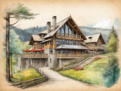 Ein elegantes Chalet im Center Parcs Les Ardennes, umgeben von sanften Hügeln und grünen Bäumen. Das Gebäude aus Holz und Stein hat große Fenster und eine moderne Dachkonstruktion. Auf der Terrasse stehen rote Sonnenschirme, die eine einladende Atmosphäre schaffen. Ein gepflasterter Weg führt zum Eingang, umgeben von gepflegten Rasenflächen und bunten Blumen. Im Hintergrund sind bewaldete Berge sichtbar, die das malerische Bild abrunden.