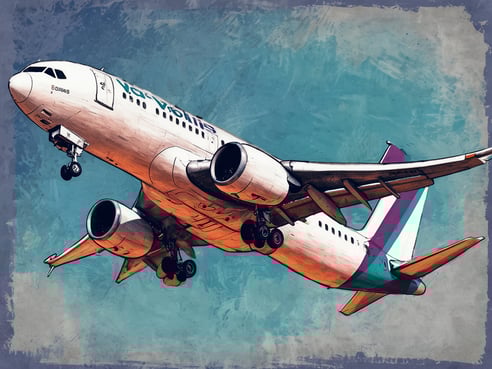 Ein Flugzeug von Volaris hebt ab, während es den Himmel über einer stilisierten, blauen Hintergrundfarbe durchquert. Die Details des Flugzeugs sind gut sichtbar, einschließlich der Triebwerke und der Fahrwerksräder. Die farbenfrohen Designelemente des Unternehmens verleihen dem Bild eine lebendige Note. Dieses Bild könnte dazu verwendet werden, um auf den Volaris Sale hinzuweisen und Interesse an günstigeren Reisen nach Mexiko zu wecken.
