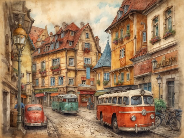 Eine malerische Gasse in einer historischen Stadt mit farbenfrohen, charmanten Gebäuden. Die Häuser sind aus Stein und Holz, mit roten Ziegeldächern und Fensterläden. Im Vordergrund stehen ein rotes Auto und ein grüner Bus, der im Retro-Stil gestaltet ist. Die Straße ist gepflastert und von Laternen beleuchtet. Einige Blumenkästen zieren die Fenster, und es sind Menschen zu sehen, die offensichtlich die Atmosphäre genießen. Ein Gefühl von Nostalgie und traditionellem städtischen Leben liegt in der Luft.