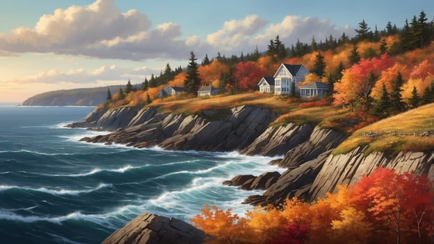 Idyllische Küstenlandschaft mit bunten Herbstbäumen, schroffen Felsen und charmanten Häusern am Meer.