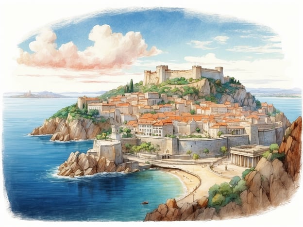 Auf dem Bild ist eine malerische Küstenstadt zu sehen, die von einer hohen Festung oder Burg überragt wird. Die Architektur scheint historisch und mediterran zu sein, mit vielen Häusern und einer Uferpromenade.In Bezug auf die Geschichte von Stockholm: Stockholm, die Hauptstadt Schwedens, wurde auf 14 Inseln im Mälarsee erbaut und hat eine lange maritime Tradition. Die Altstadt, Gamla Stan, ist bekannt für ihre engen Gassen und historischen Gebäude, ähnlich wie die Bildkomposition, die eine enge Verbindung zwischen dem Wasser und der Architektur zeigt. Stockholm entstand im 13. Jahrhundert und entwickelte sich rasch zu einem wichtigen Handelszentrum. Die Stadt ist bekannt für ihre schönen Brücken und Inseln, was auch in der abgebildeten Szenerie reflektiert werden könnte.