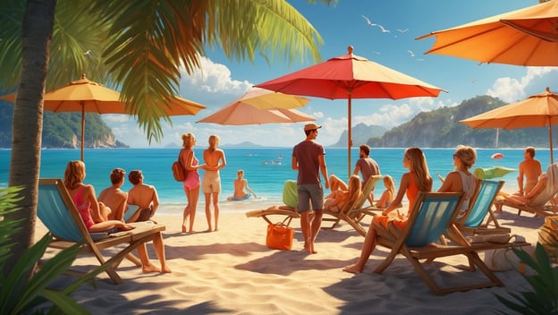 Badeurlaub mit vielen Personen am Strand, Sonnenschirme, Liegestühle und einladendes Wasser im Hintergrund.