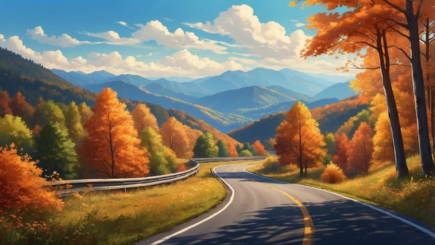 Eine kurvenreiche Straße umgeben von farbenfrohen Herbstbäumen und Bergen unter blauem Himmel mit wenigen Wolken.