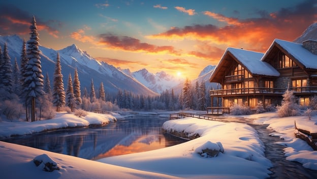 Wunderschöne Winterlandschaft mit schneebedeckten Bergen, einem Fluss und einer gemütlichen Hütte bei Sonnenuntergang.