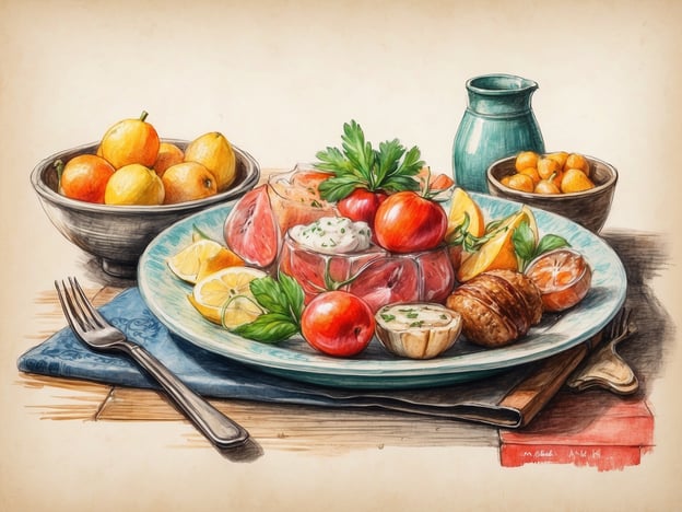 Auf dem Bild ist eine üppige, bunte Auswahl an Speisen zu sehen, die auf einem schönen Teller angerichtet sind. Die Kombination aus frischen Zutaten wie Tomaten, Zitrusfrüchten und Kräutern erinnert an die skandinavische Esskultur, die oft Wert auf saisonale und lokale Produkte legt.In Stockholm gibt es viele kulinarische Entdeckungen, die ähnliche Frische und Kreativität bieten. Die Stadt ist bekannt für ihre zahlreichen Märkte, wie den Östermalmshallen, wo man lokale Delikatessen und frische Zutaten finden kann. Außerdem gibt es innovative Restaurants, die traditionelle schwedische Gerichte mit modernen Einflüssen kombinieren, was das Essen in Stockholm zu einem spannenden Erlebnis macht.