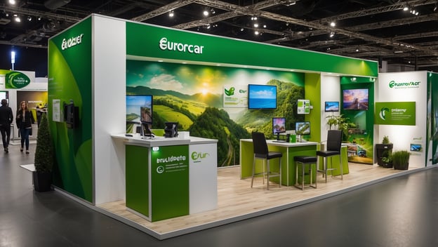 Stand von Europcar auf der ITB 2025, grüne Farben, Bildschirm mit Landschaften, moderne Möbel, nachhaltiges Reisen.