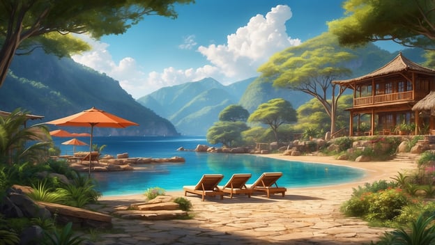 Tropisches Paradies mit einem Sandstrand, Liegen, Sonnenschirmen und einem Garten vor einem Holzhaus am Wasser.