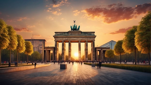 Das Brandenburger Tor bei Sonnenuntergang, umgeben von Menschen und Bäumen, mit modernem Stadtbild im Hintergrund.