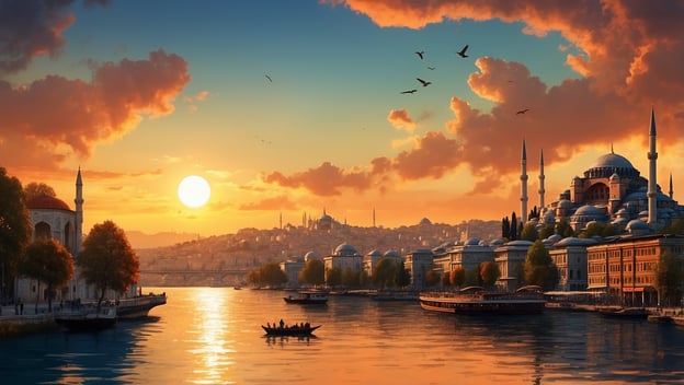 Abendliche Stadtansicht mit der Silhouette von Istanbul, Sonnenuntergang über dem Wasser und historische Architektur.