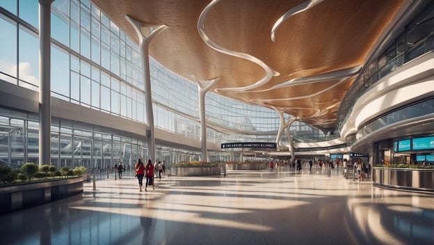 Heller, moderner Flughafen mit vielen Menschen, großen Fenstern und einer einladenden, offenen Architektur.
