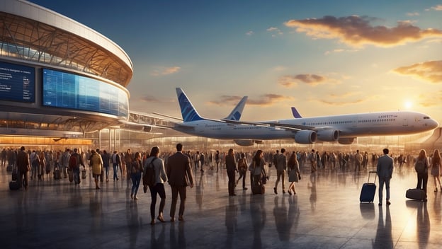 Menschenmenge am Flughafen mit Flugzeugen im Hintergrund, hohe Terminalgebäude und Sonnenuntergangslicht.