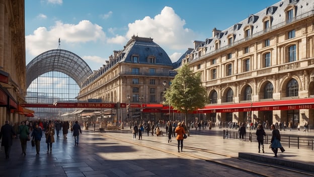 Weltkriegsbombe legt Gare du Nord lahm, menschengefüllte Stadtansicht mit historischen Gebäuden und Glasdach im Hintergrund.