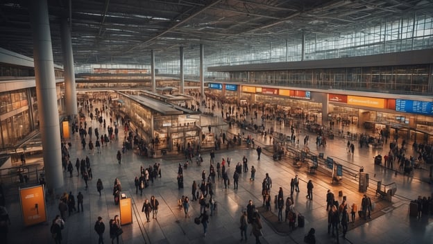 Überfüllter Flughafen mit Reisenden, die auf verspätete Flüge warten, begleitet von Informationsschildern und Warteschlangen.