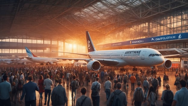Ein überfüllter Flughafen mit vielen wartenden Menschen und mehreren Flugzeugen im Hintergrund bei Sonnenuntergang.